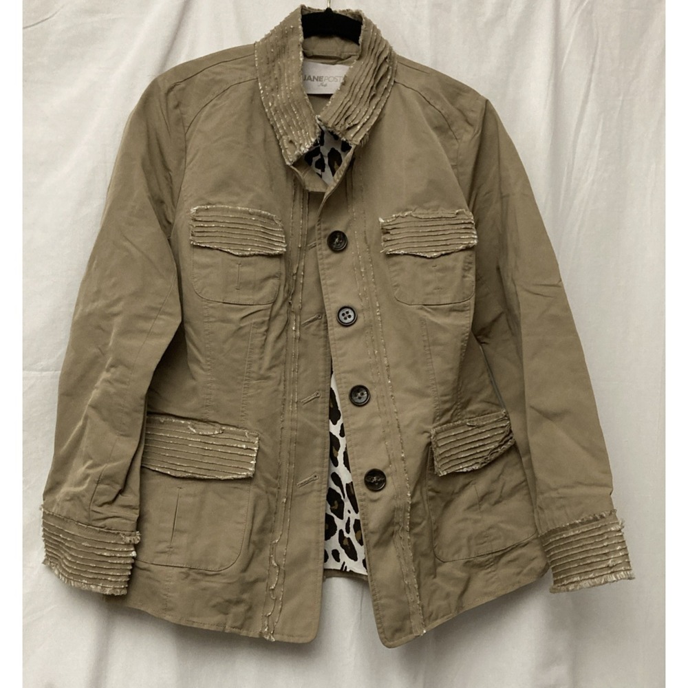 Jane Post Women's Tan Distressed Jacket w/Leopard Print Lining‎ - SZ M